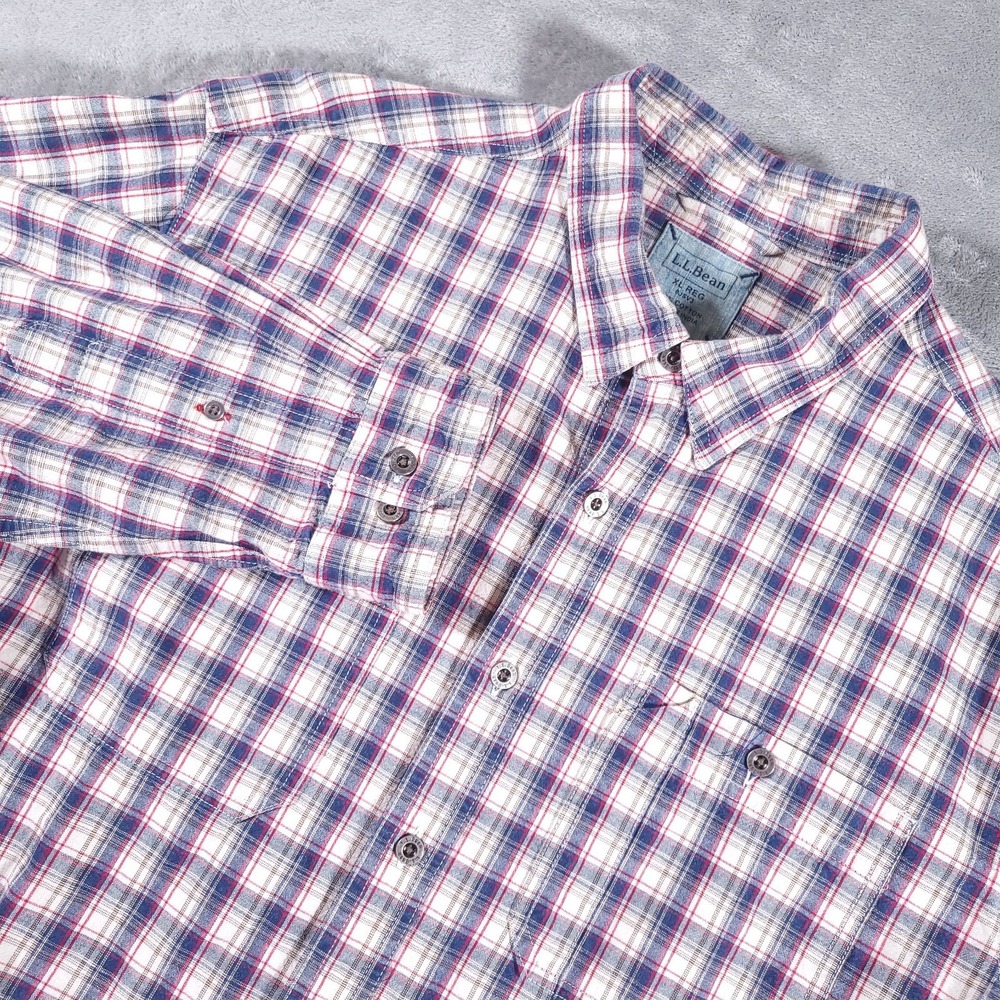 LL Bean Plaid Flannel Shirt Mens XL Button Down Blue White Plaid Metal Buttons